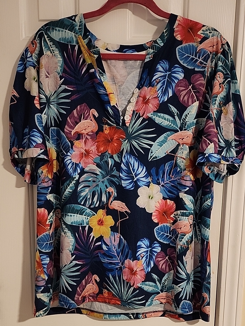 Women’s Navy Tropical Floral Henley Top